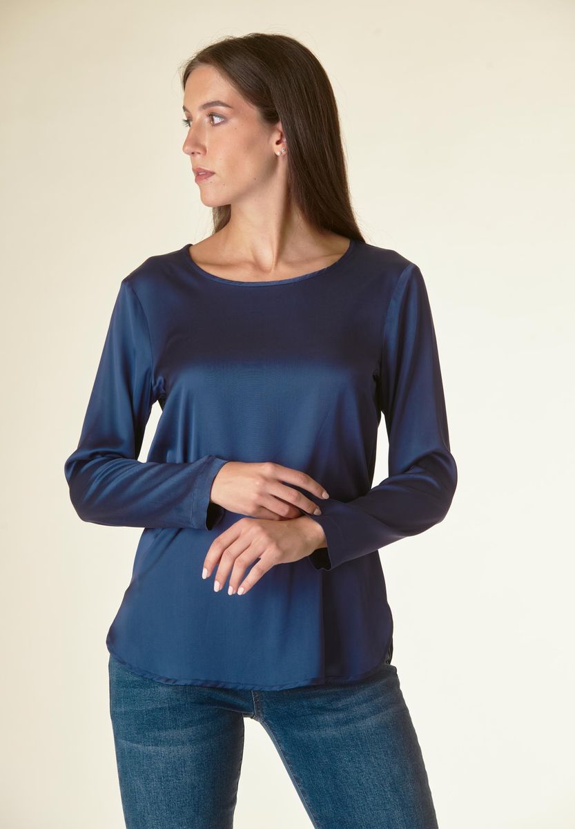 Angelico Blusa blu manica lunga raso viscosa Vendita Economica