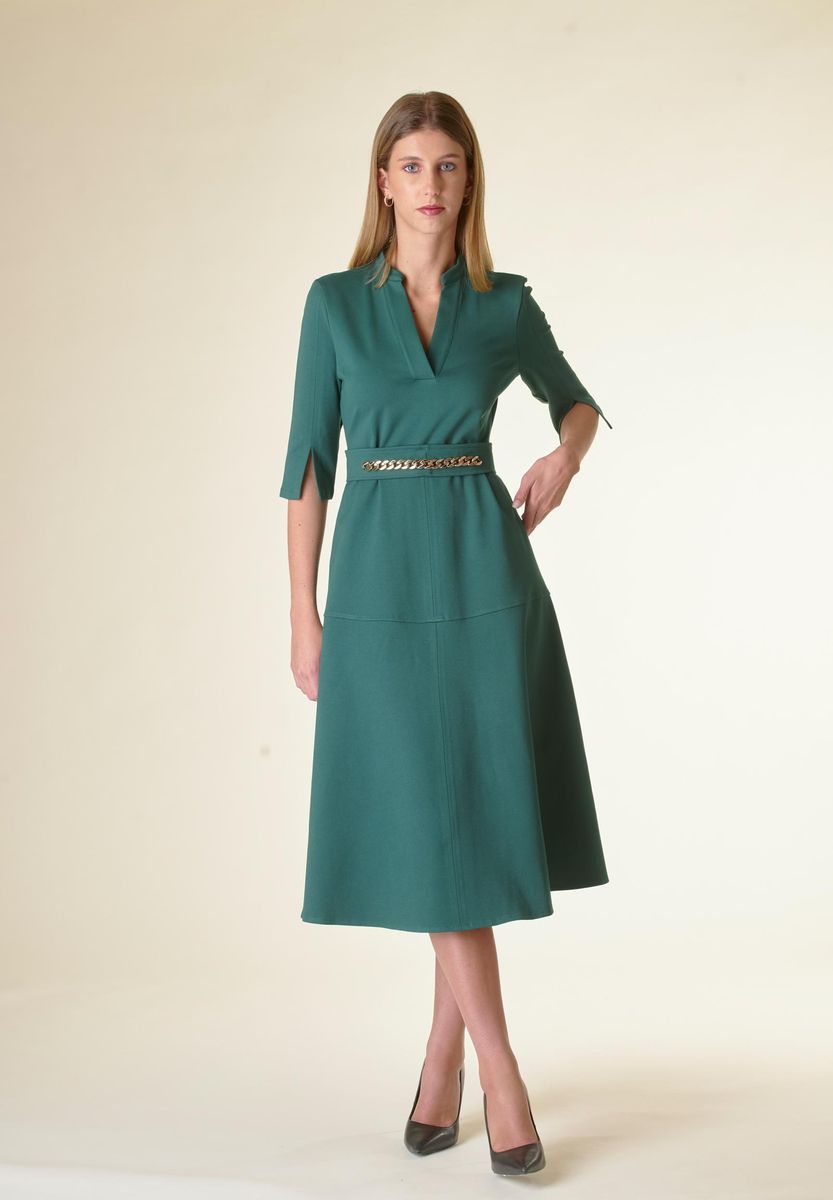 Angelico Vestito verde v midi svasato con cintura Nuova