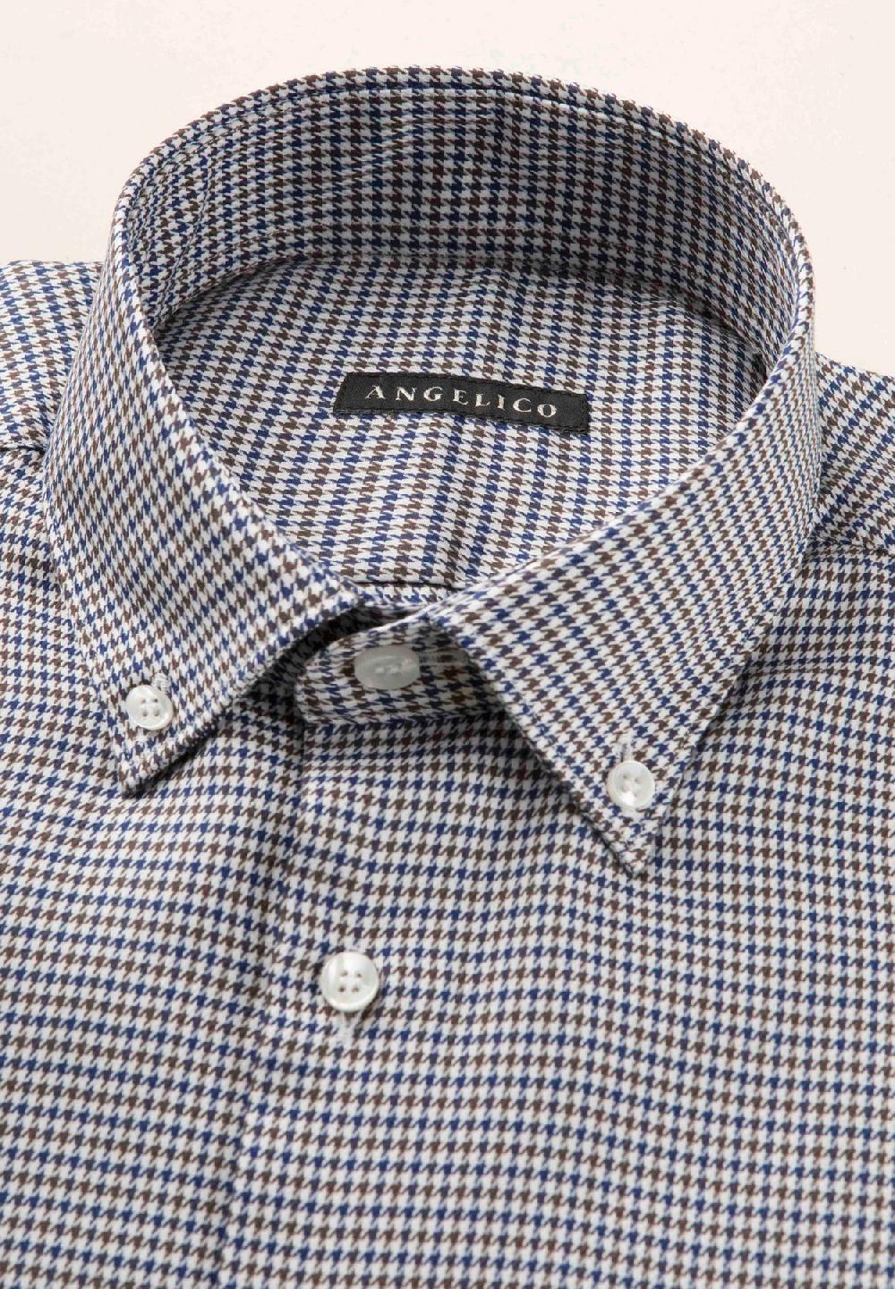 Angelico Camicia blu marrone pied de poulè cotone regular fit Only for today
