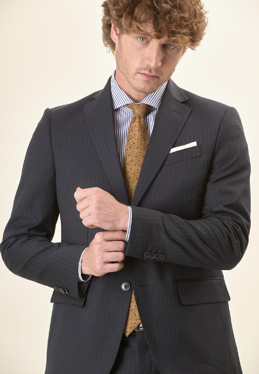 Angelico Abito blu scuro gessato lana vergine stretch custom fit Officina