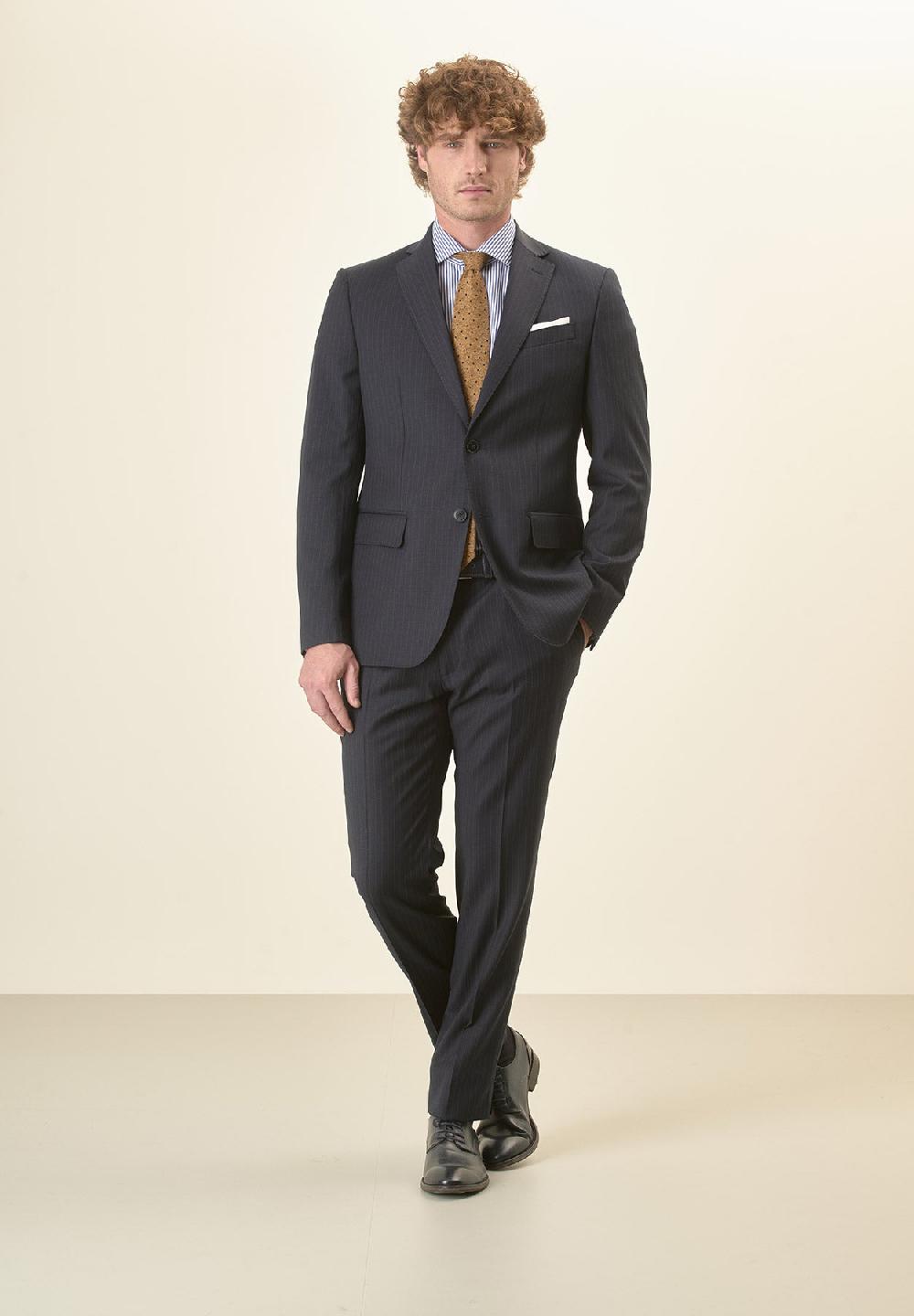 Angelico Abito blu scuro gessato lana vergine stretch custom fit Officina
