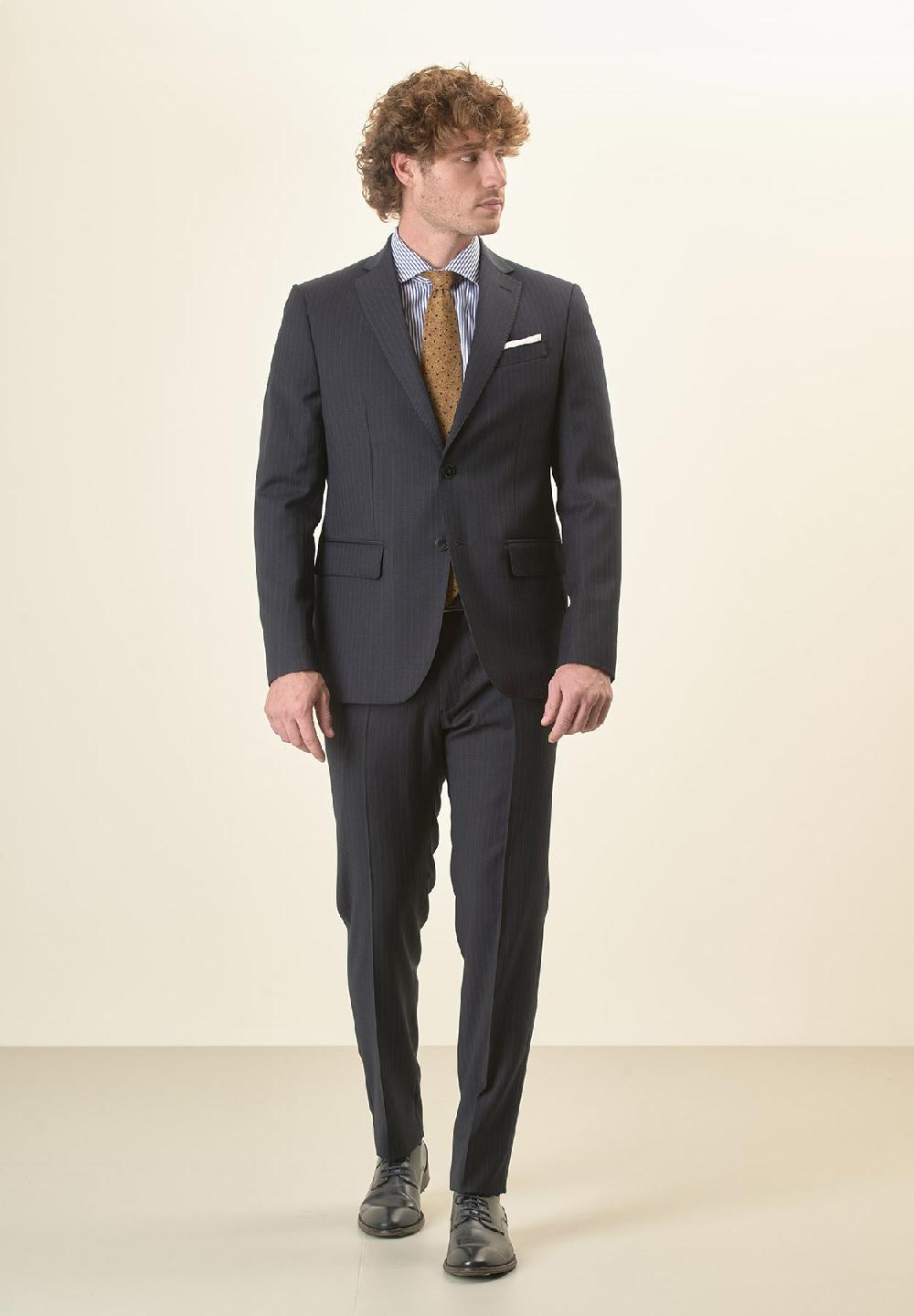 Angelico Abito blu scuro gessato lana vergine stretch custom fit lungo Spedizione Gratuita