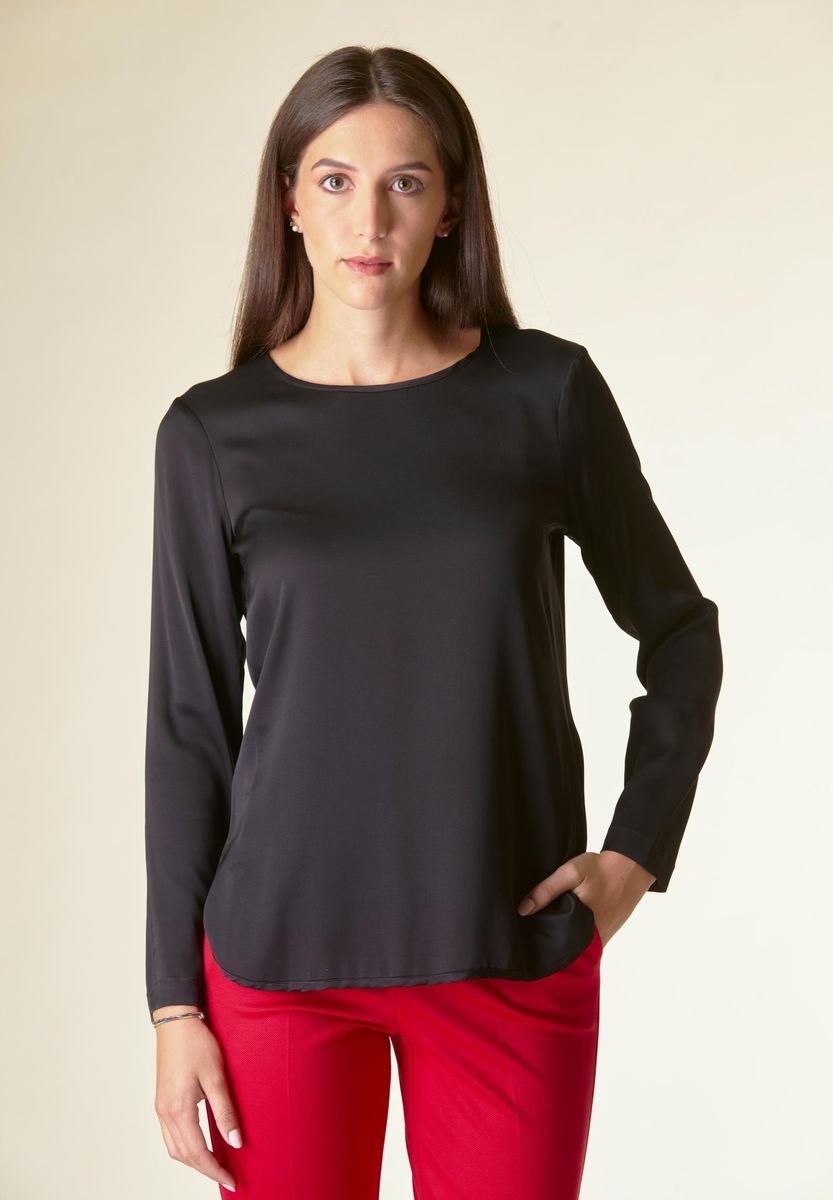 Angelico Blusa nera manica lunga raso viscosa Sostegno trimestrale