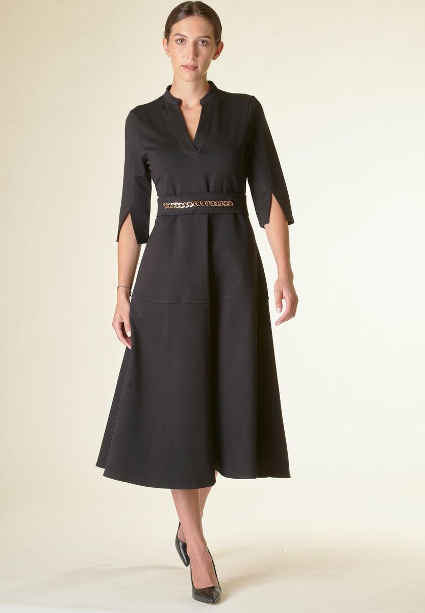 Angelico Vestito nero v midi svasato con cintura Acquista Ora