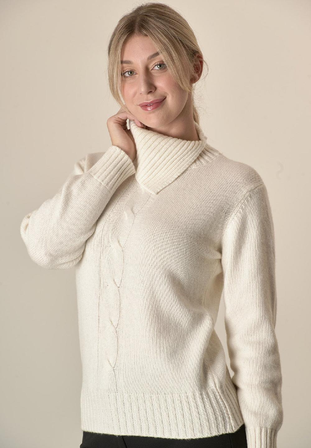 Angelico Maglia panna collo spaccato treccia misto cashmere Sottocosto