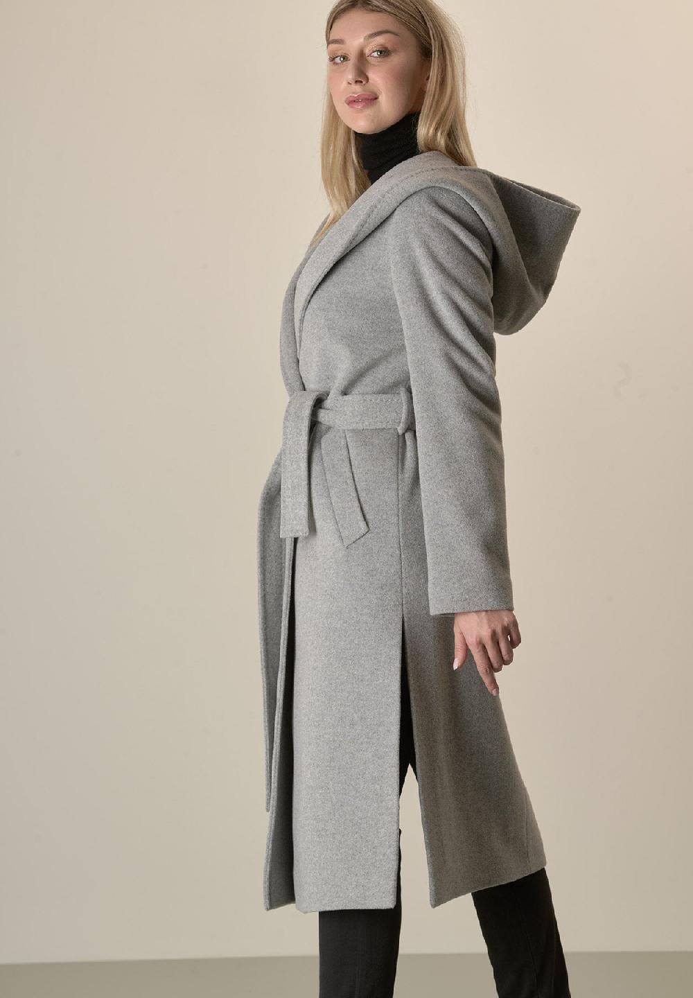 Angelico Cappotto grigio chiaro cappuccio e cintura lana cashmere Offerte