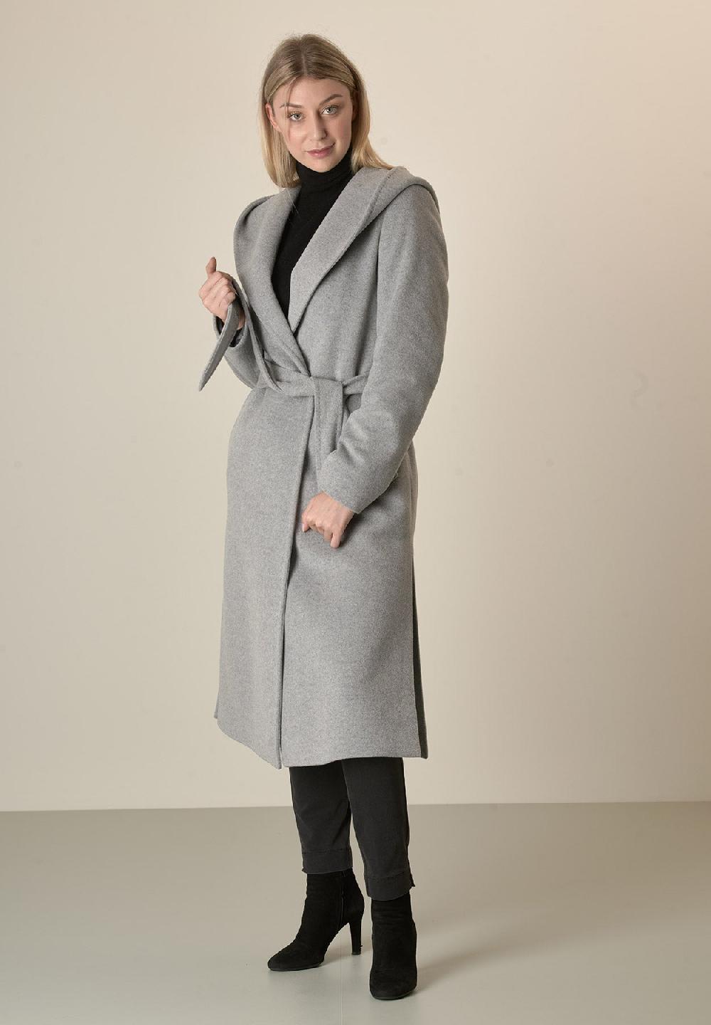 Angelico Cappotto grigio chiaro cappuccio e cintura lana cashmere Offerte