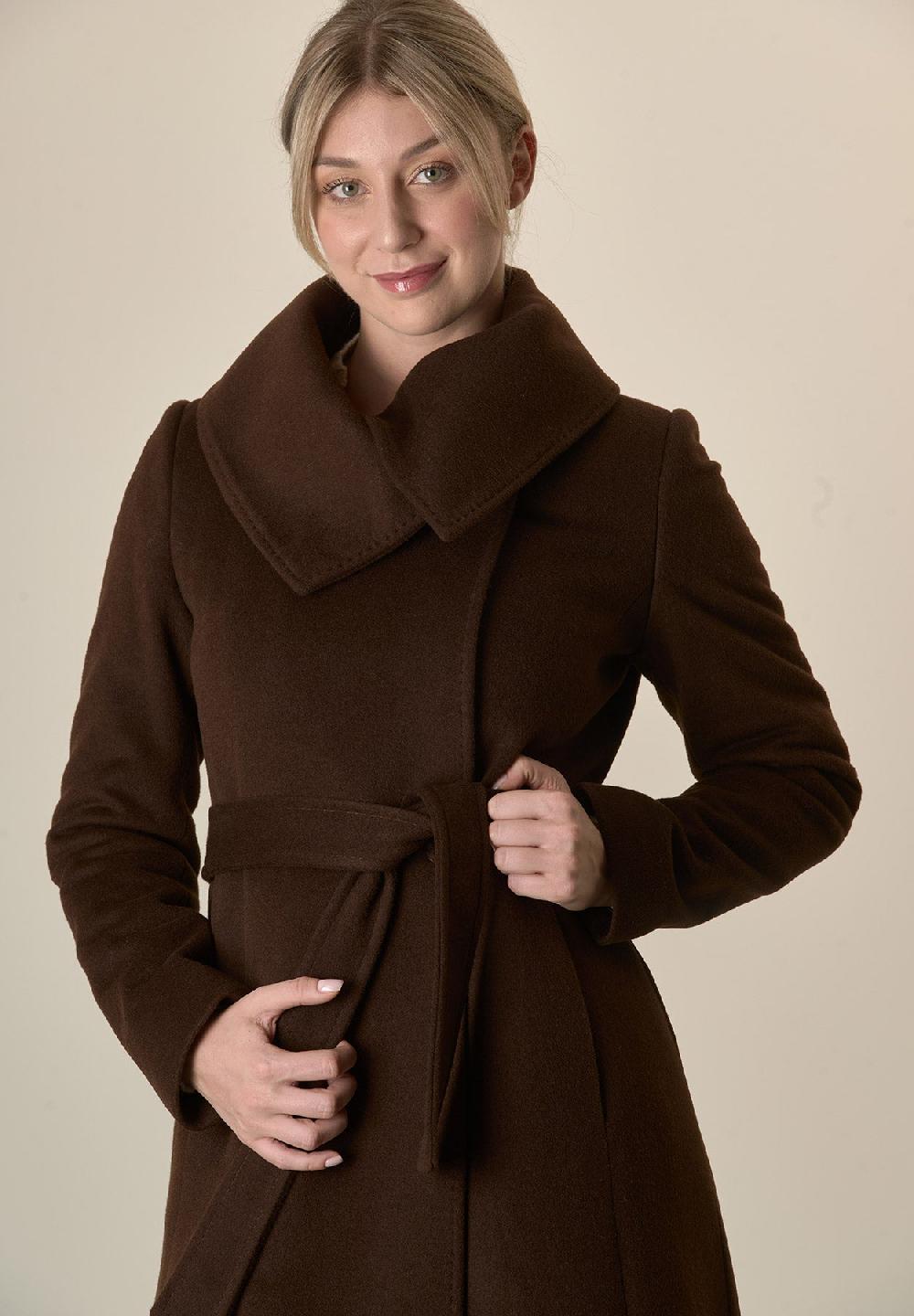 Angelico Cappotto moro collo anello e cintura lana vergine cashmere Vendita Calda