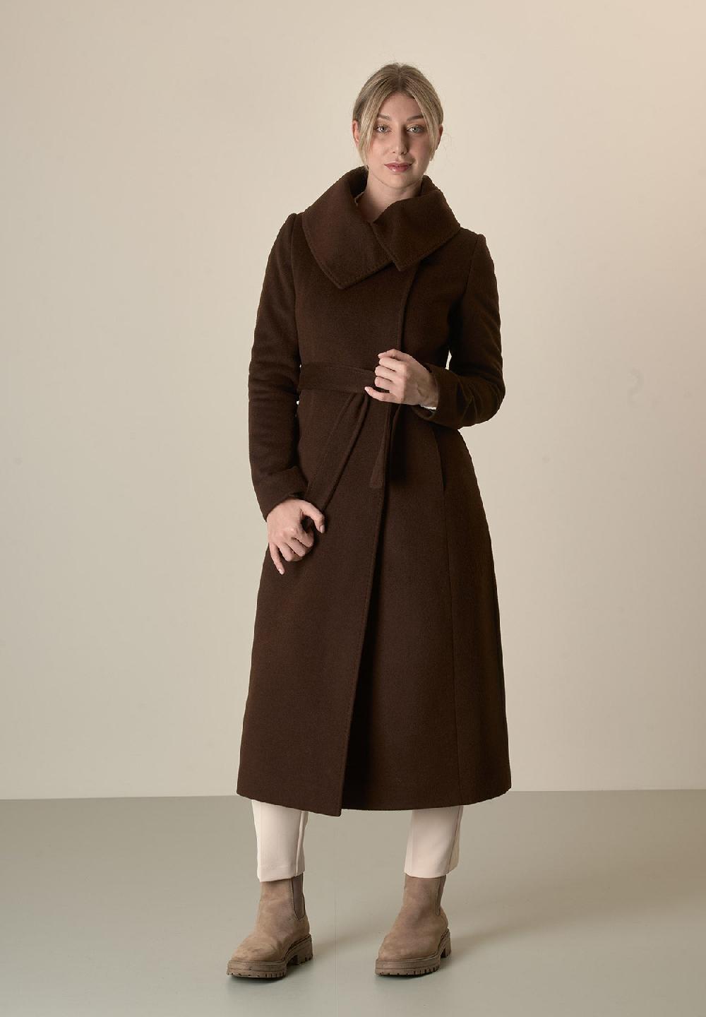 Angelico Cappotto moro collo anello e cintura lana vergine cashmere Vendita Calda