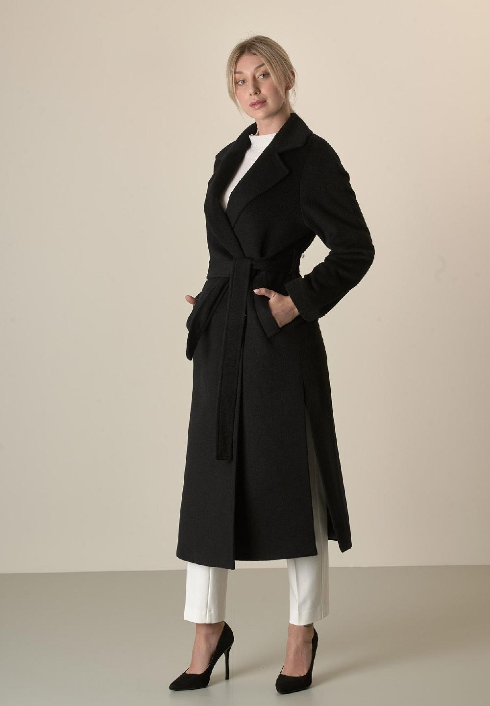 Angelico Cappotto nero vestaglia con cintura lana cashmere Cyber Monday