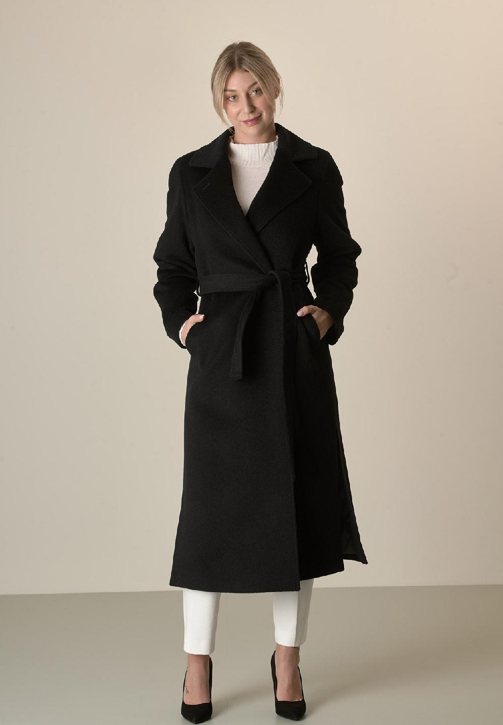 Angelico Cappotto nero vestaglia con cintura lana cashmere Cyber Monday