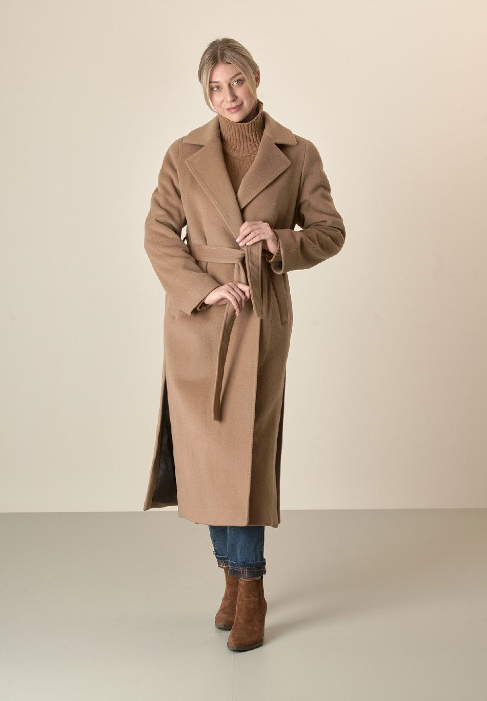 Angelico Cappotto cammello vestaglia con cintura lana cashmere Offerta natalizia