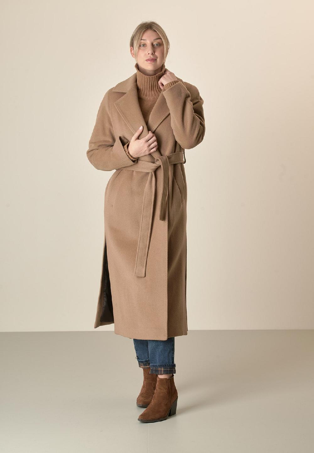 Angelico Cappotto cammello vestaglia con cintura lana cashmere Offerta natalizia