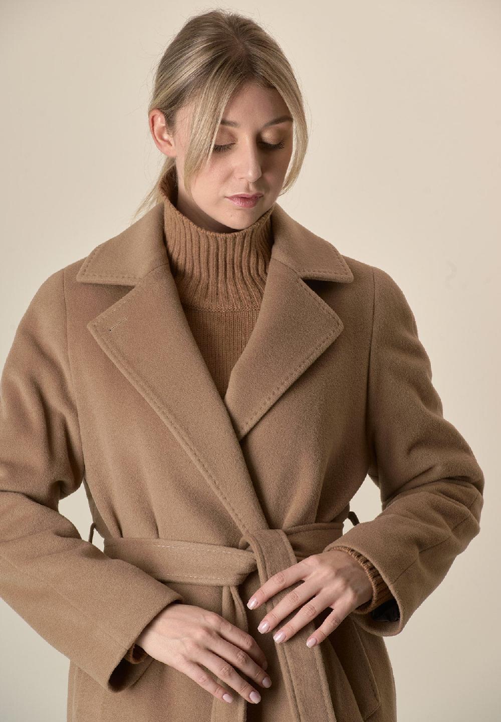 Angelico Cappotto cammello vestaglia con cintura lana cashmere Offerta natalizia