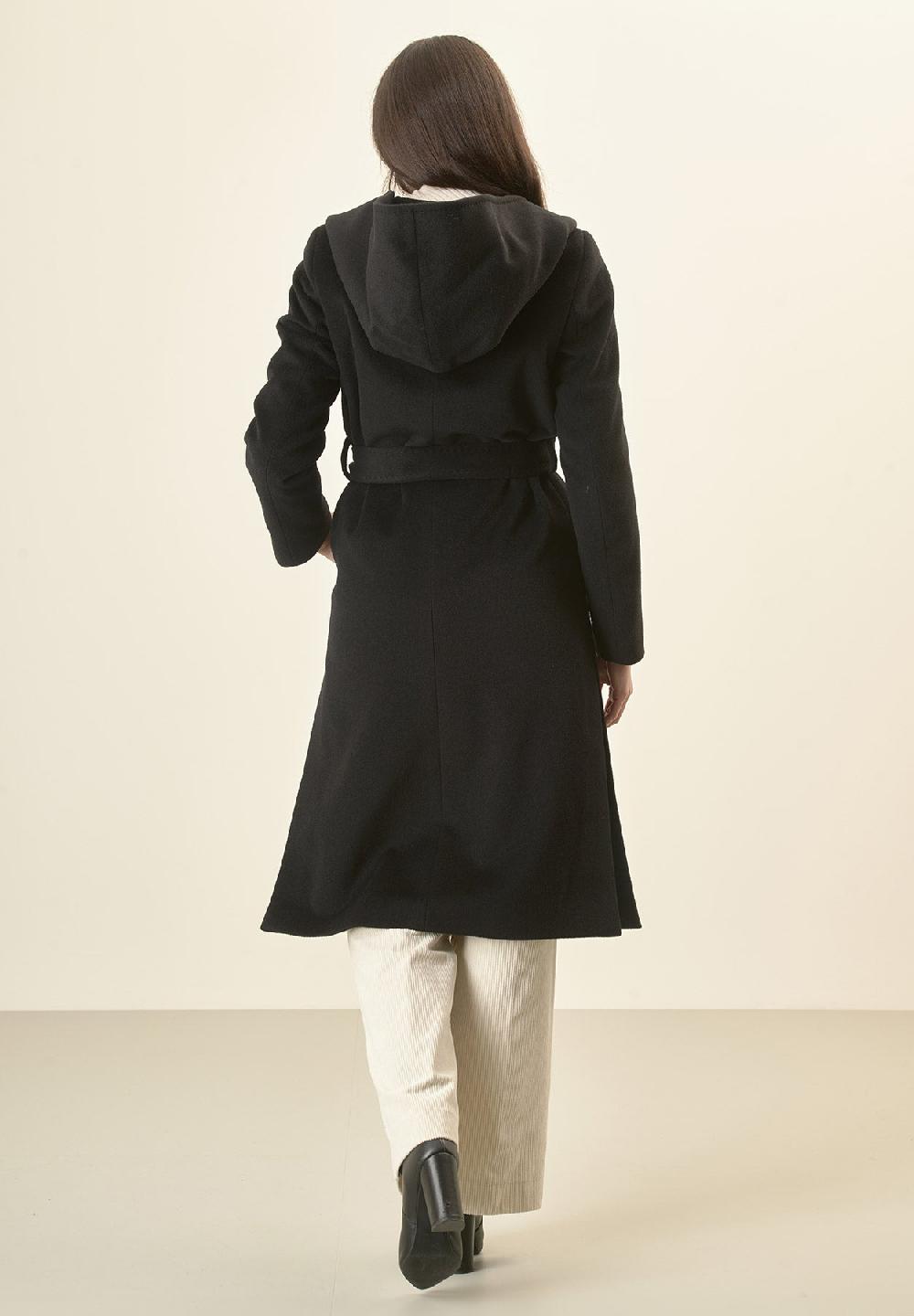 Angelico Cappotto nero cappuccio e cintura lana cashmere Nuovi prodotti
